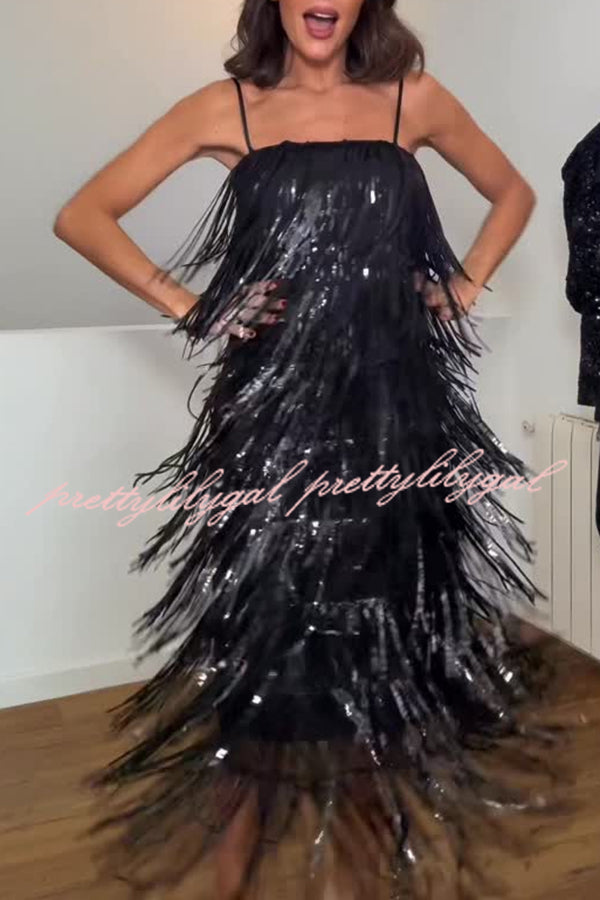 Chic Celebration Layered Sequined Tassels Slip Strapless H-line Midi Dress