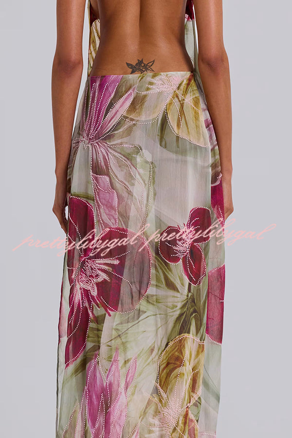 Floral Print Sexy Backless Slit See-Through Holiday Maxi Dress