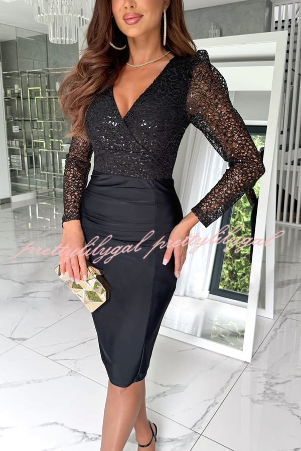 Shining Self Texture Sequin Patchwork Long Sleeve Ruched Stretch Midi Dress