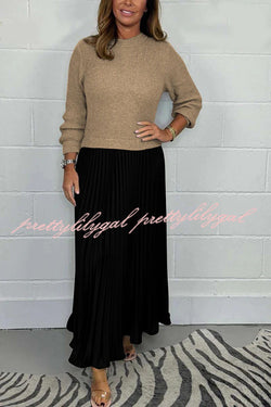 Stylish Knitted Round Neck Long Sleeve Patchwork Pleated Hem Maxi Dress