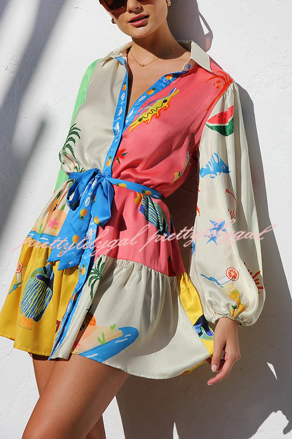 Summer Unique Printed Shirt Collar Lantern Sleeves Waist Tie Mini Dress