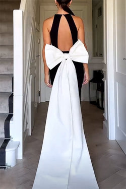 Statement Chic Racer Neck Back Oversized Bow Hem Backless Maxi Dress