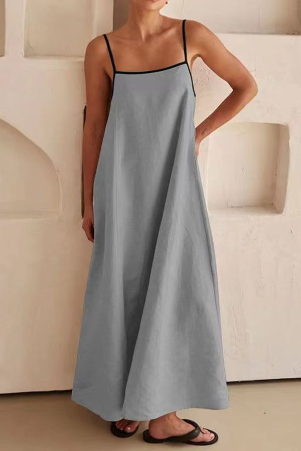 Dasha Linen Blend Square Neck Pocketed A-line Loose Maxi Dress