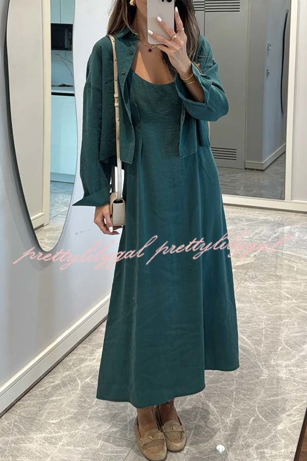 Modern Comfort Long Sleeve Shirt and Slip Loose Midi Dress Two Piece Set