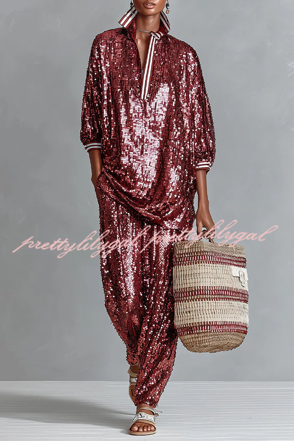 Holiday Honey Sequin Striped Trim Half Sleeve Loose Shirt and Elastic Waist Pocket Wide Leg Pants Set