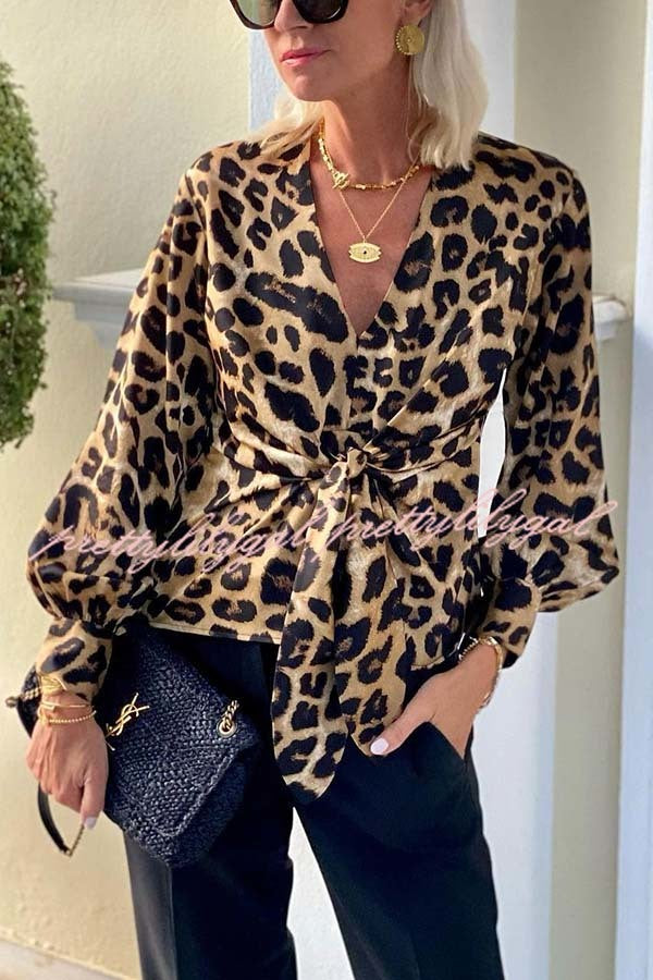 Janae Leopard Print Front Tie-up Lantern Sleeve Casual Blouse