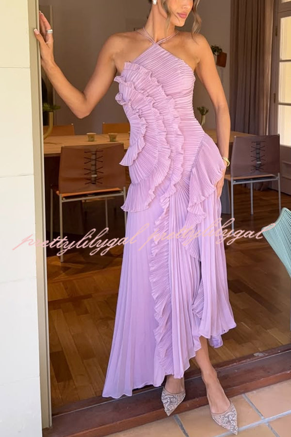 Dream Ode Lily Pad Style Pleats and Ruffles Halter Gown Maxi Dress
