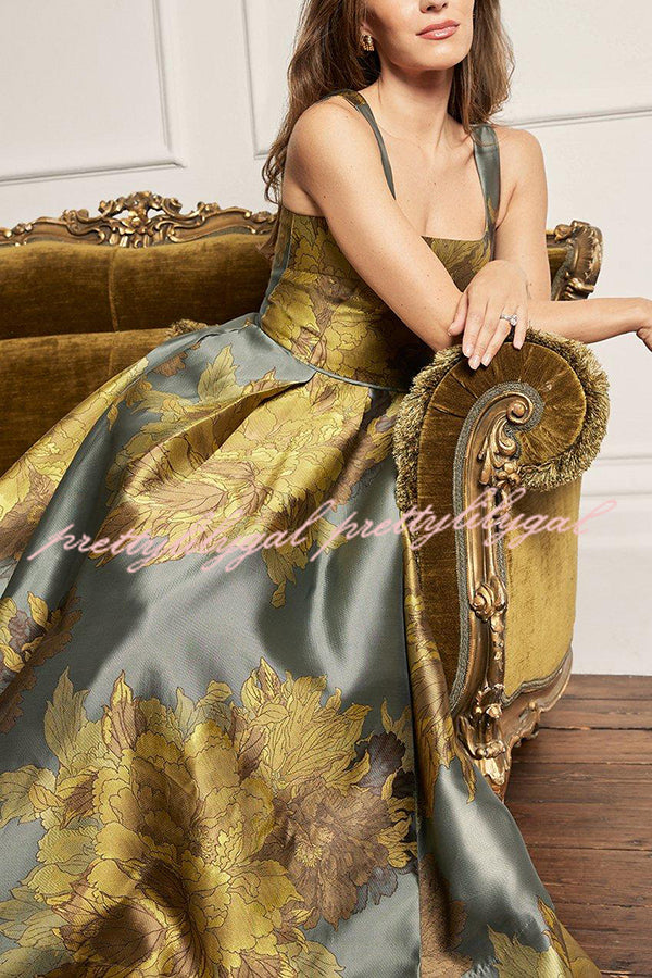 London Nights Satin Floral Pattern Square Neck Pocket Pleated Prom Maxi Dress