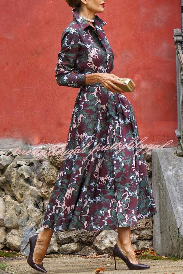 Casual Floral Print Lace Up Buttoned Pockets Long Sleeve Midi Dress