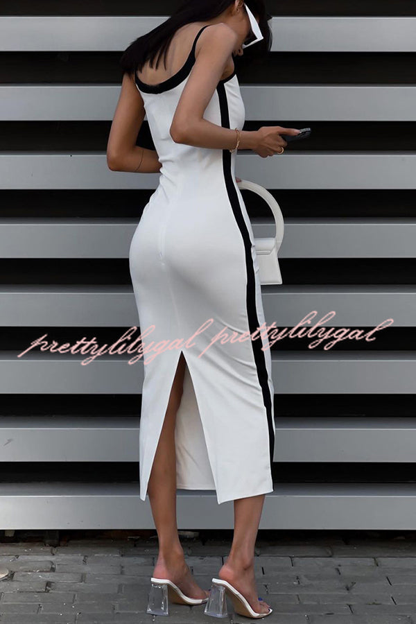 Contrast Color Patchwork Slim Fit Slit Suspender Midi Dress