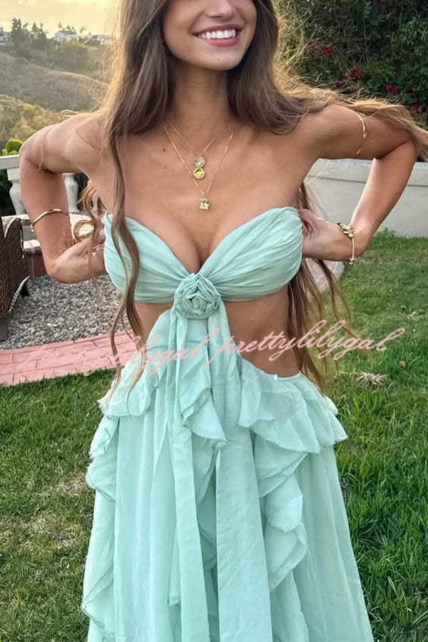 Gorgeous Vacation Halter Rose Detail Cut Out Ruffles Backless Maxi Dress