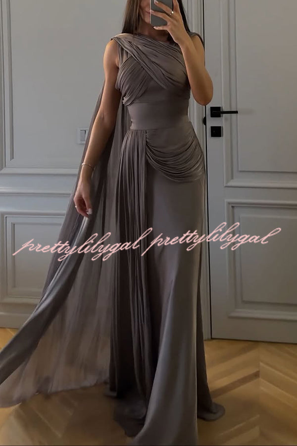 Solid Color Satin Sleeveless Waist Elegant Pleated Ribbon Maxi Dress
