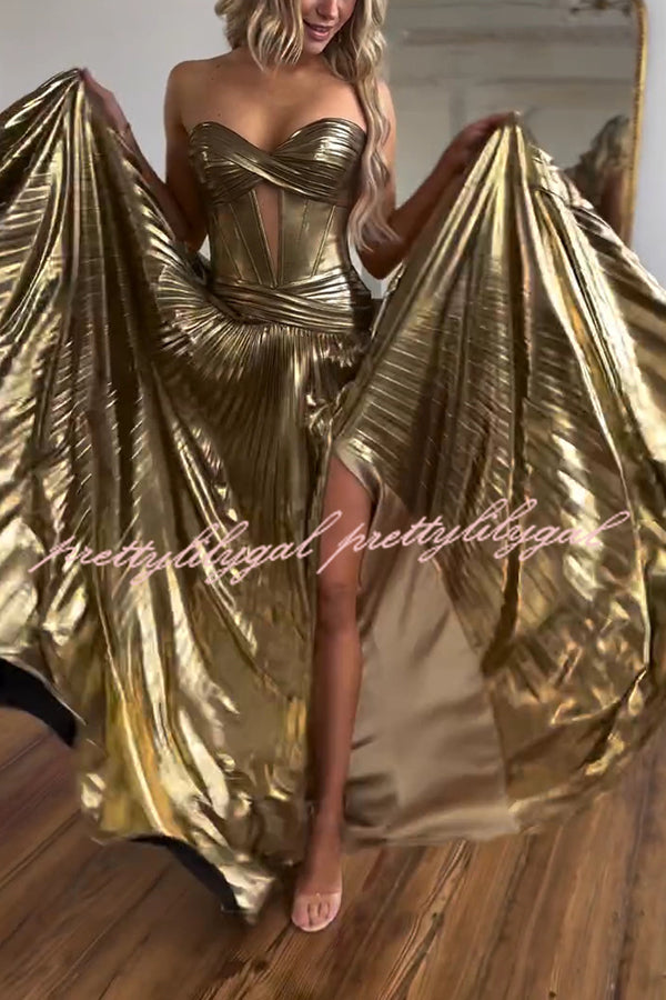 Dazzling Metallic Fabric Cross Strapless Cutout Slit Pleated Maxi Dress