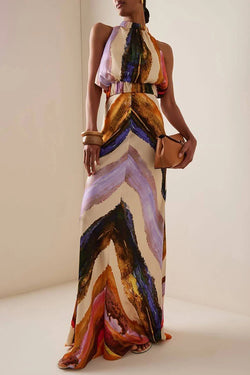Unique Print Sleeveless Stretch Stand Collar Top and Elegant Maxi Skirt Set