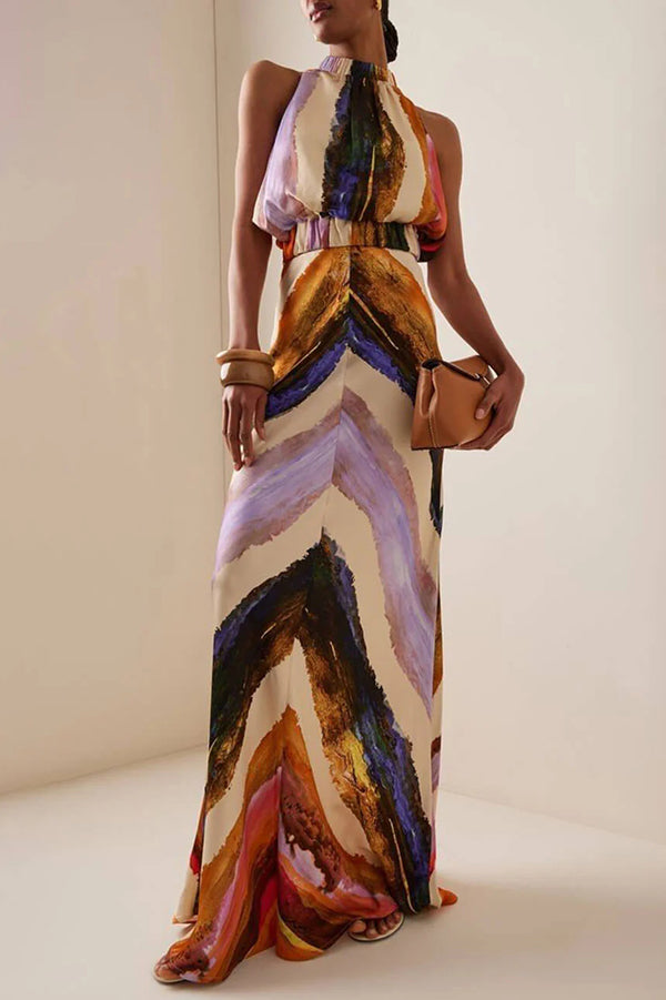 Unique Print Sleeveless Stretch Stand Collar Top and Elegant Maxi Skirt Set