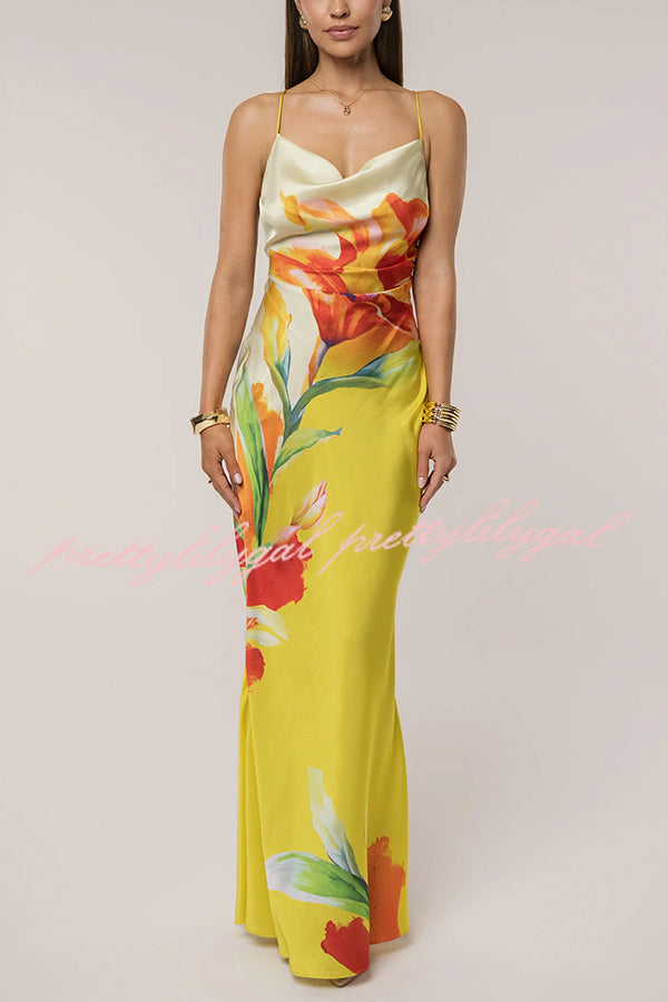 Luisa Satin Floral Print Cowl Neck Sexy Open Back Tie-up Maxi Dress