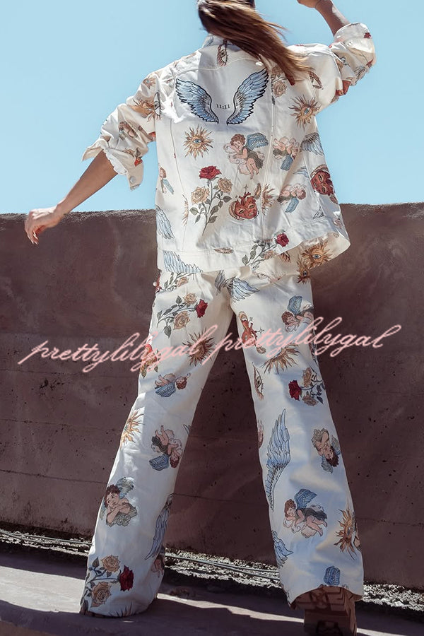 Angel Wings Denim Unique Print Mid Rise Pocket Loose Pants