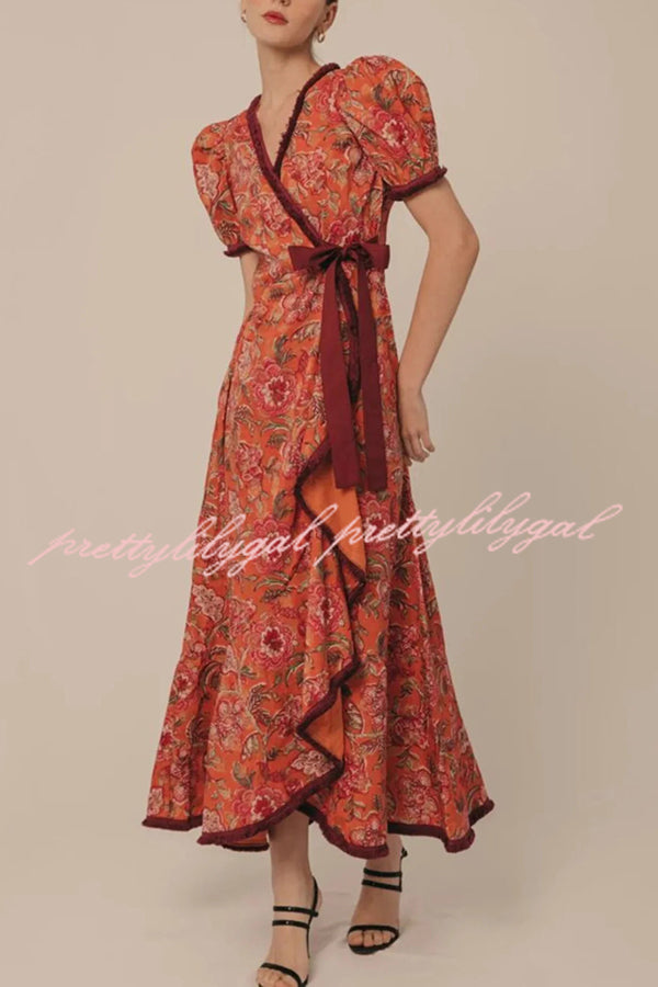 Bohemian Floral Print Elegant Puff Sleeve Holiday Maxi Dress