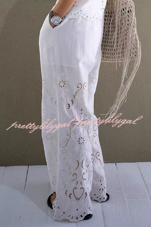 Linen Blend Solid Color Embroidered Hollow Loose Vest and Elastic Waist Casual Pocket Wide Leg Pants Set
