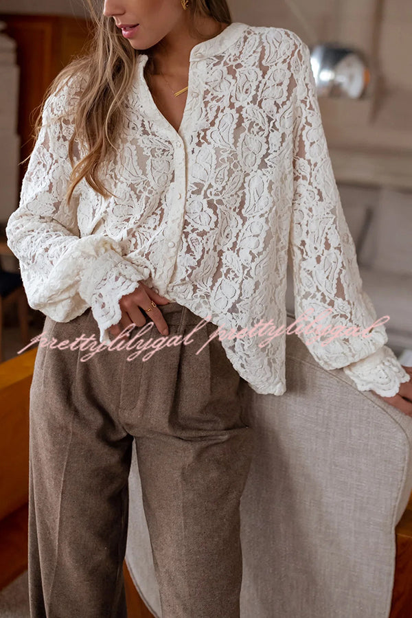 Fashionable Lace Long-sleeved Casual Button-down Shirt