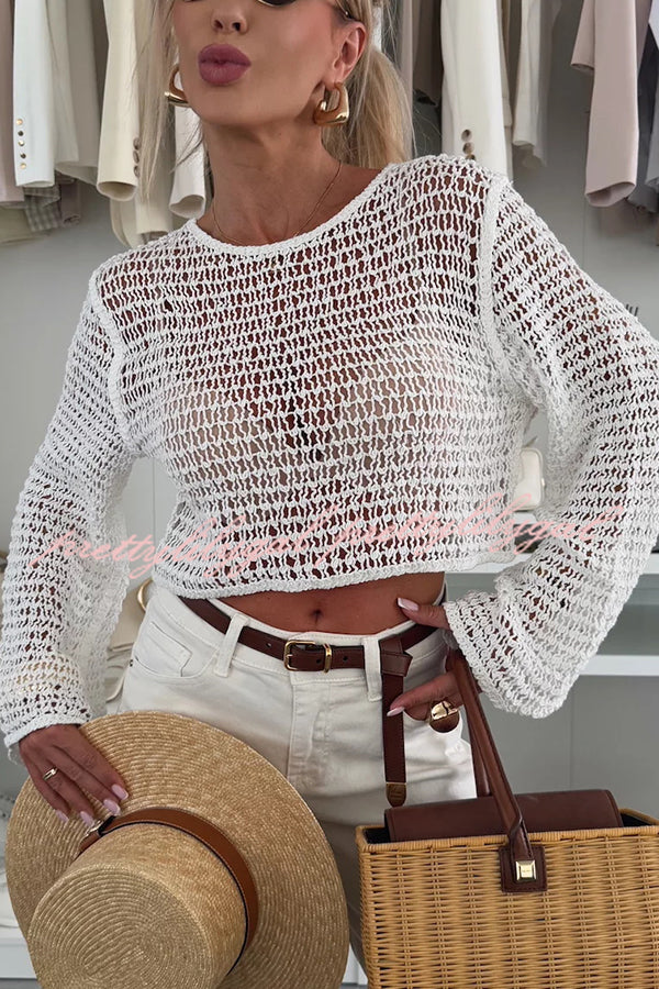 Fashion Knitted Hollow Long Sleeve Round Neck Holiday Cover Up