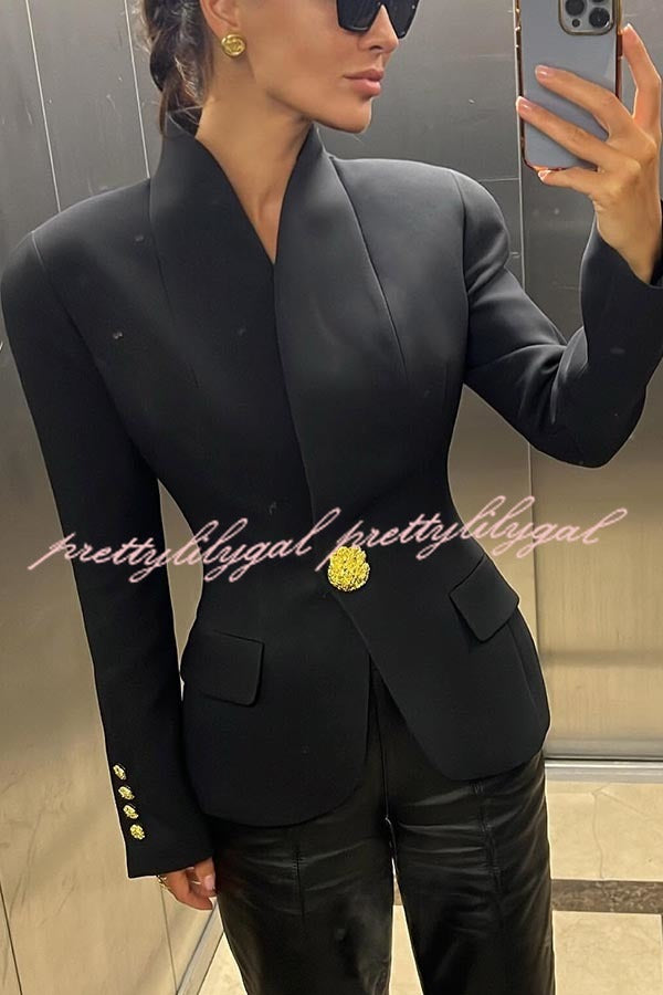 Classic Luxury Unique Metal Button Stand Collar Long Sleeve Blazer