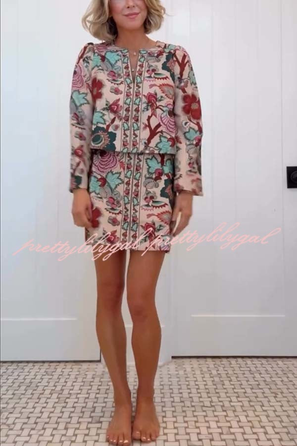 Autumn Garden Printed V-neck Long Bell Sleeve Top and Mid Rise Skirt Set