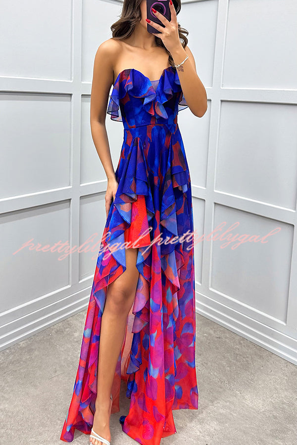 Loving Moment Gradient Unique Print Flowing Layered Ruffles Strapless Slit Maxi Dress