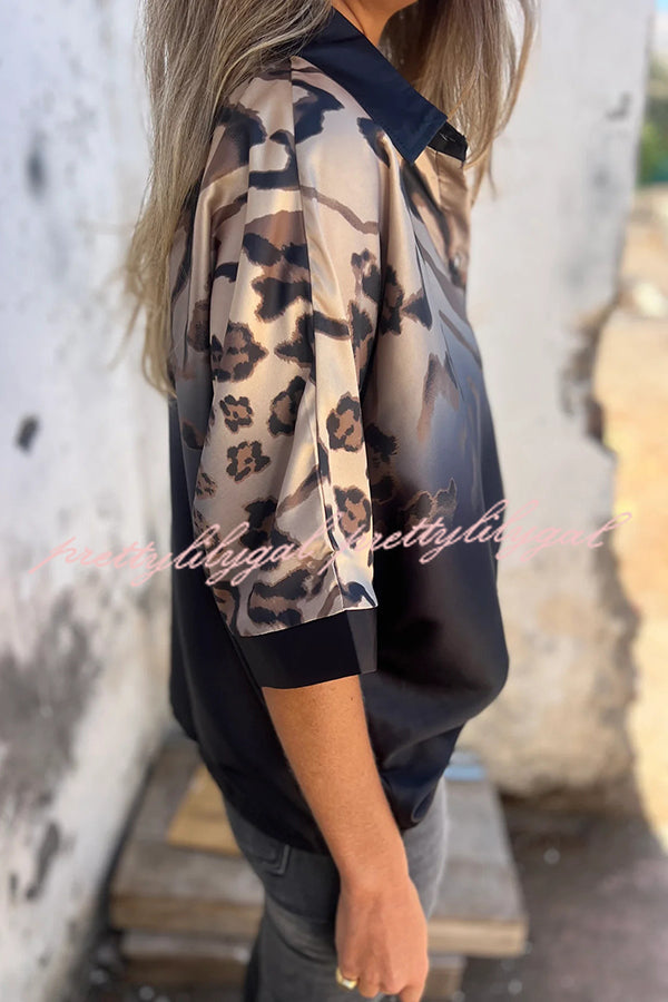 Classic Wild Satin Gradient Leopard Print Loose Short-sleeved Blouse