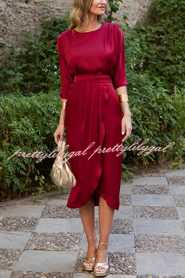 Satin Solid Color Round Neck Half Sleeve Waist Midi Dress