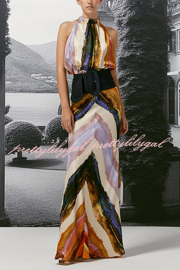 Unique Print Sleeveless Stretch Stand Collar Top and Elegant Maxi Skirt Set