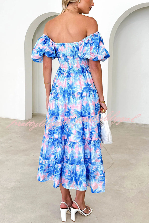 Petal Princess Unique Print Smocked Waist Puff Sleeve Midi Dress