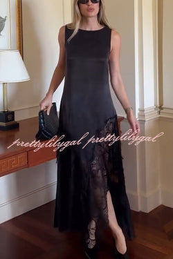 Pretty Soul Satin Lace Trim Wide Neck Irregular Hem Slit Maxi Dress
