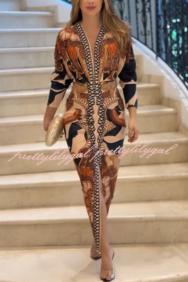 Verra Unique Print Dolman Long Sleeve Ruched Slit Midi Dress