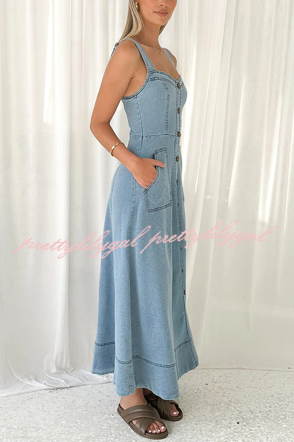 Solid Color Suspender Pocket Button Slim Denim Midi Dress