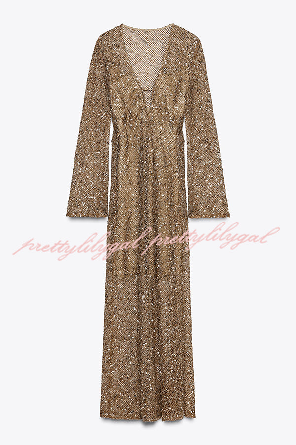 Fashion Sequined Hollow V-neck Long-sleeved Holiday Midi Dress