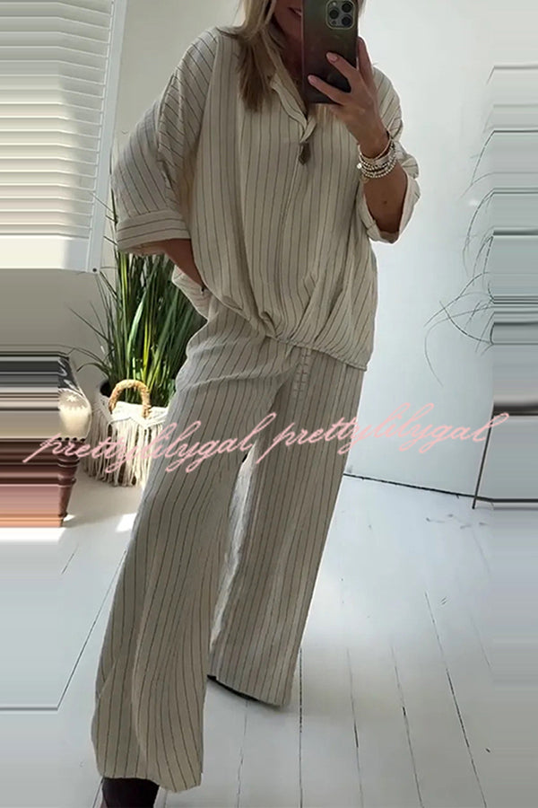 Fashion Striped Print Lapel Loose Top and Elastic Waist Casual Wide-leg Pants Set