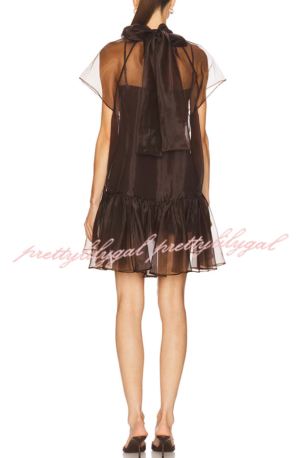 Cocktail Attire Sheer Organza Wide Sleeve Back Bow Layered A-line Mini Dress