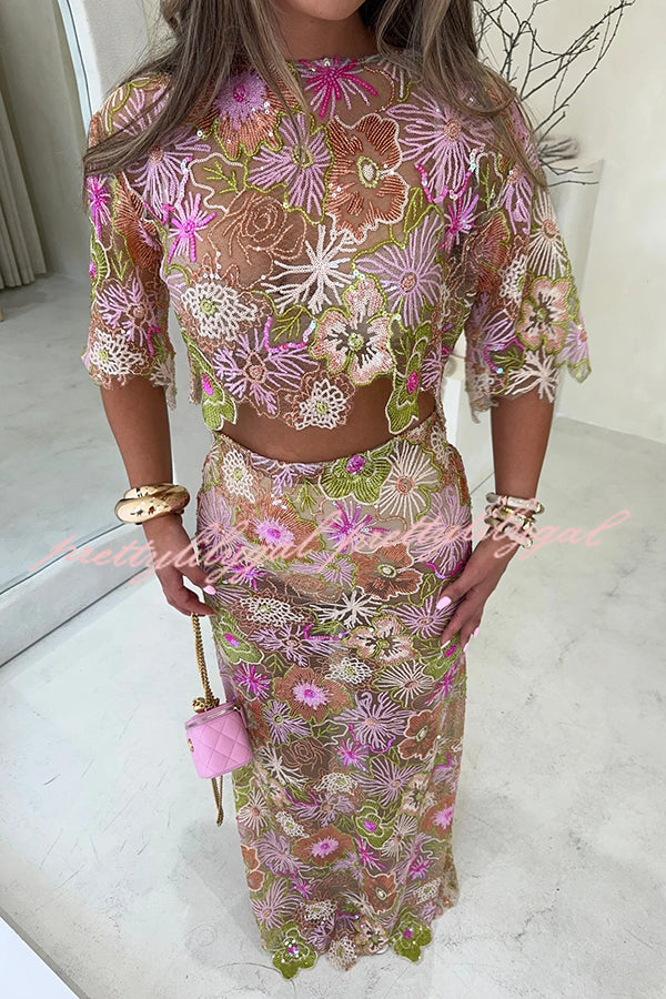 Fashionable Embroidered Flower Sequined Crop Top and Elegant Sheer Maxi Skirt Set