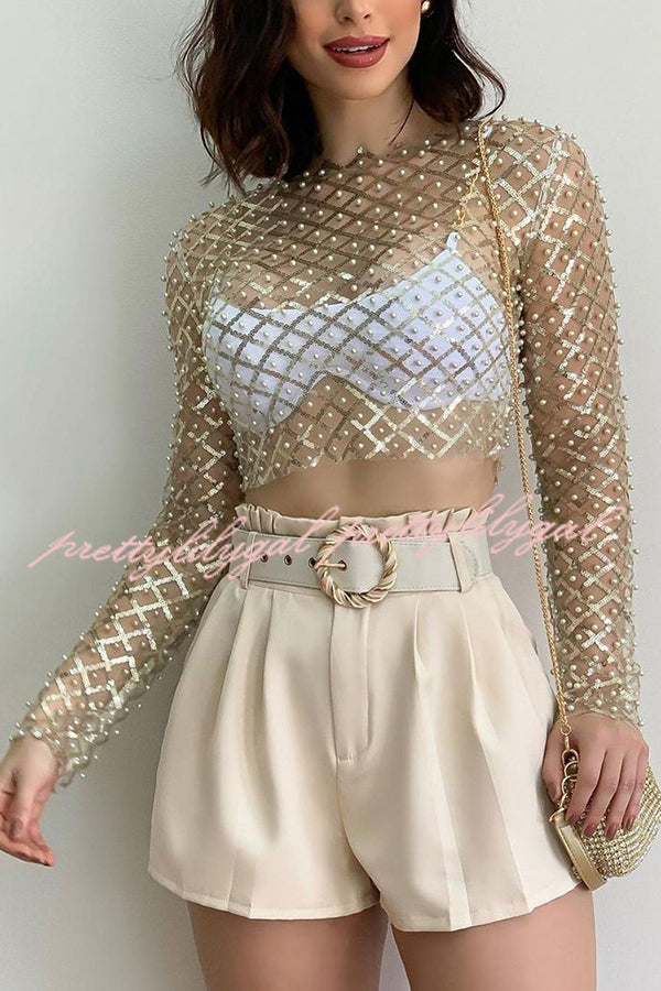 Geometric Pattern Crew Neck Mesh Pearl Sequin Long Sleeved Top