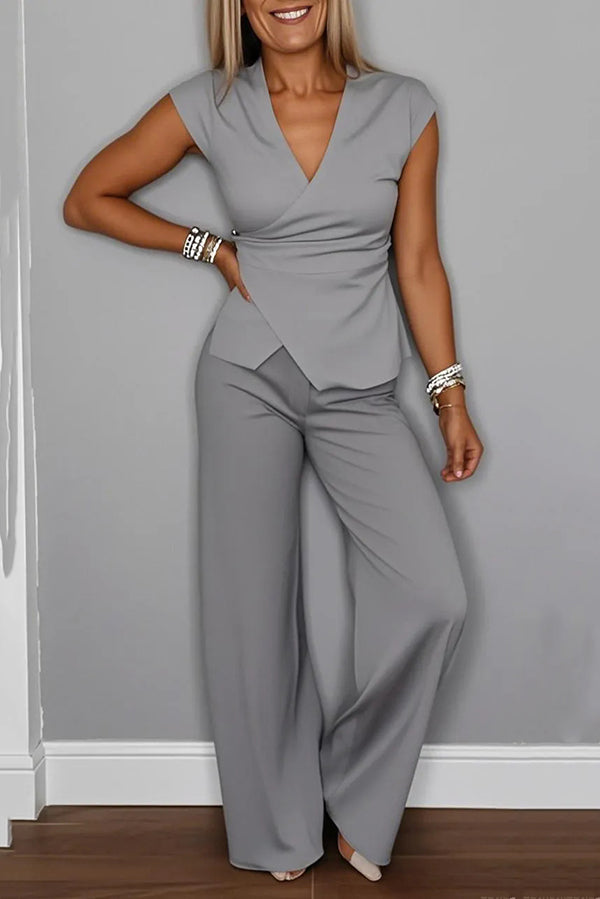 Solid Color V-neck Metal Buttoned Pleated Top and Casual Straight Pants Set