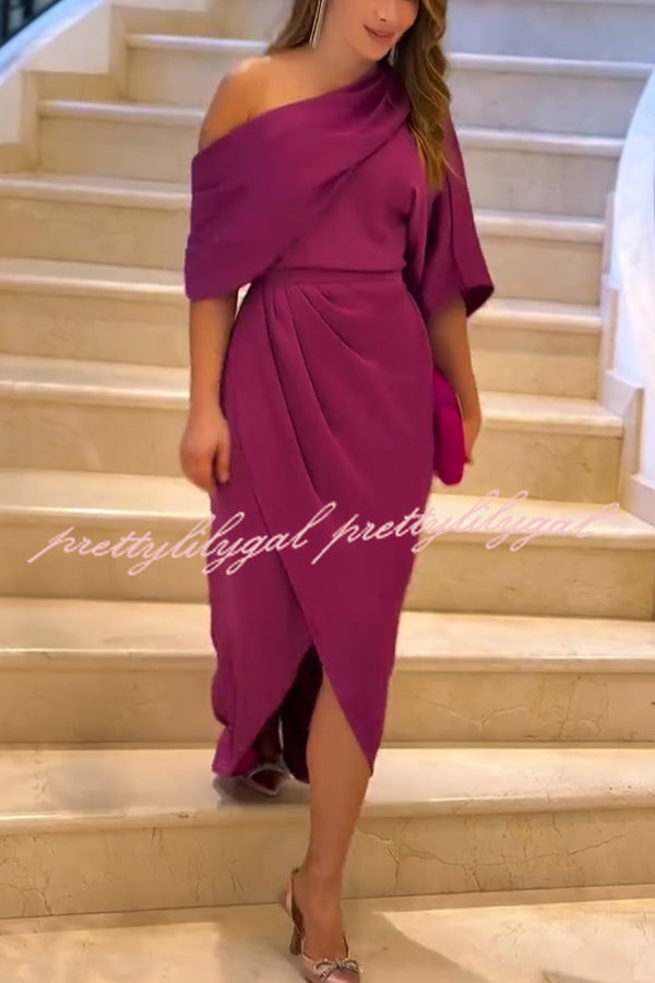 Whispered Yes Satin Irregular Lapel Neckline Design Ruched Maxi Dress