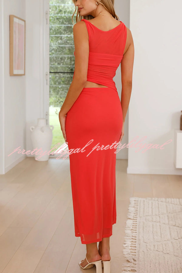 Solid Color Mesh Splicing Waist-baring Slim Maxi Dress