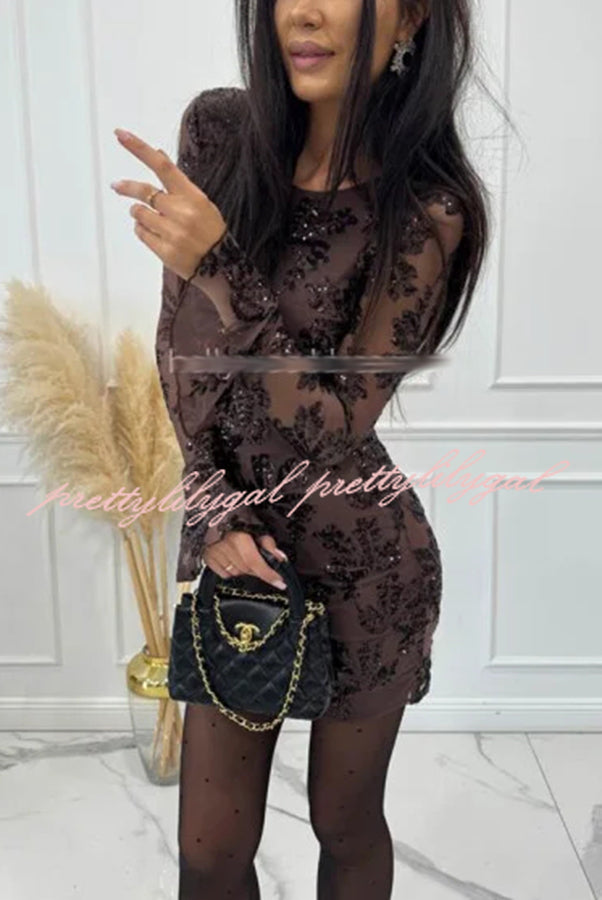 Deep and Dazzling Floral Texture Sequin Long Bell Sleeve Open Back Mini Dress