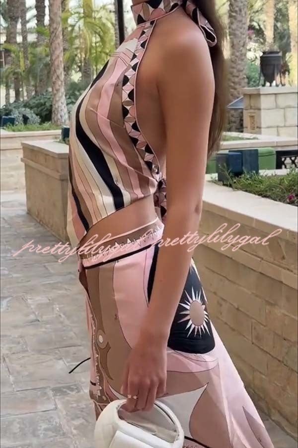 Anzio Satin Unique Print Halter Tie-up Tank and Irregular Hem Mini Skirt Set