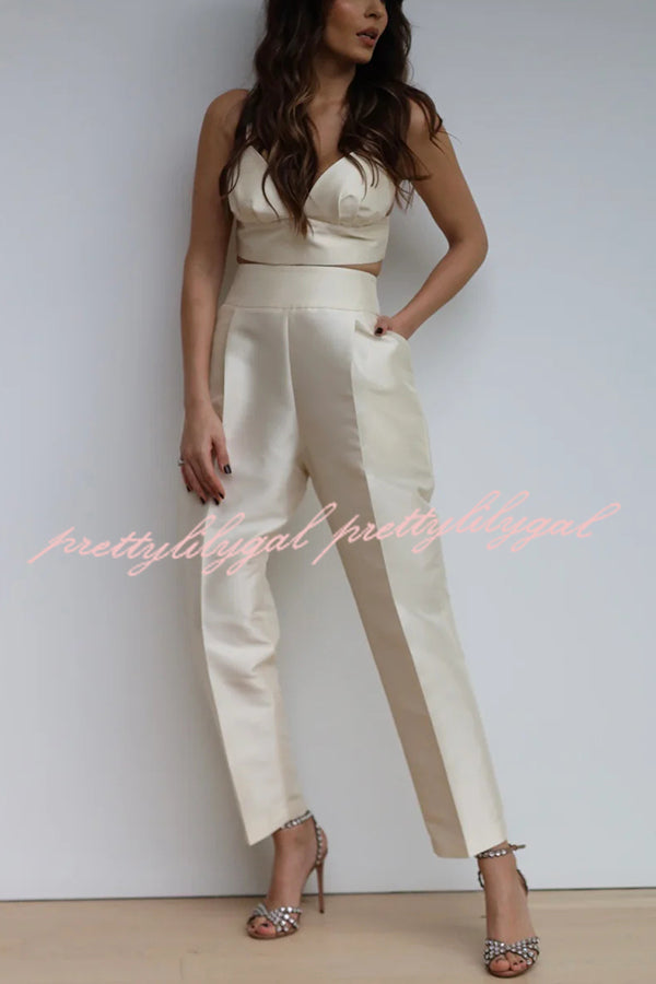 Chic Affair Satin Feather Trim Lapel Loose Blazer and High Rise Pocket Tapered Pants Set