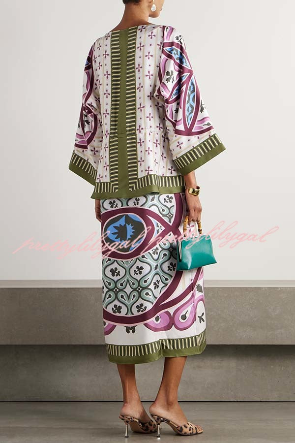 Texture and Elegance Satin Unique Print Bell Sleeve Drawstring Waist Slit Midi Dress