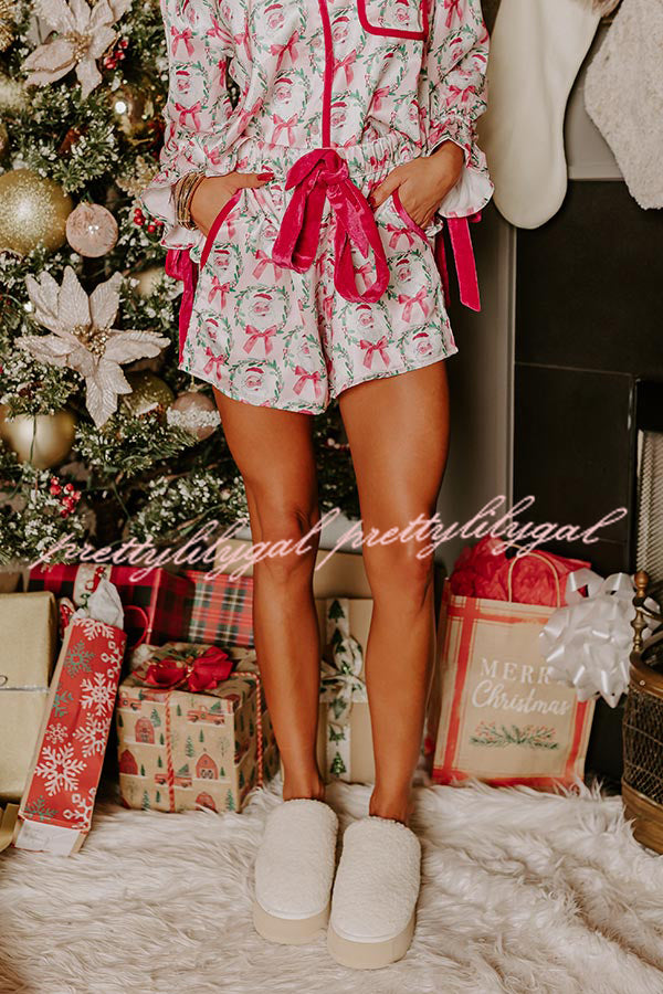 Christmas Dreaming Satin Santa Print Velvet Trim Elastic Waist Pocketed Pajama Shorts Set