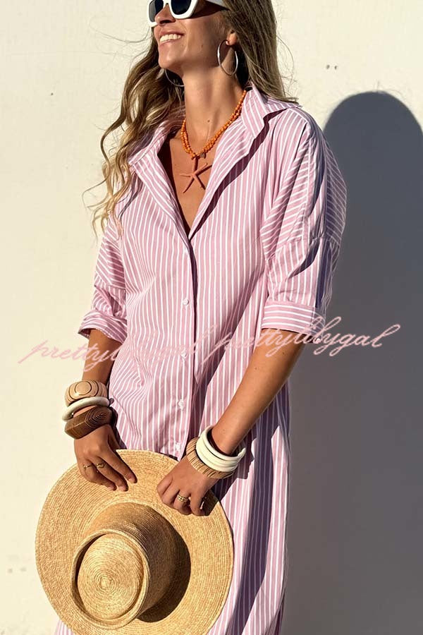 All-match Striped Button Up Half Sleeve Belted Pocket Shirt Midi Dress