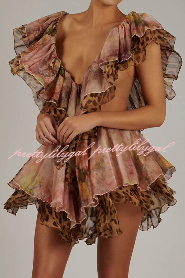 Dreamy Island Floral Leopard Print Cutout Waist Tiered Ruffles Mini Dress